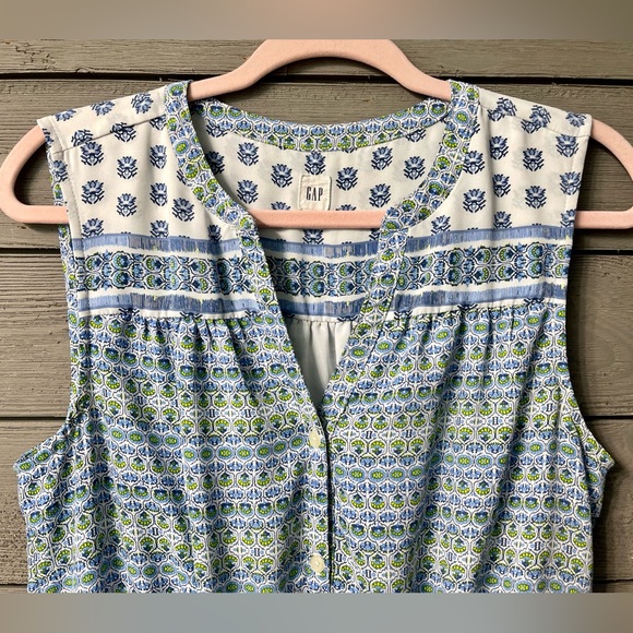 The GAP Sleeveless Blue Green White Patterned Tie Waist Shirt Dress Sz Medium - Picture 2 of 11